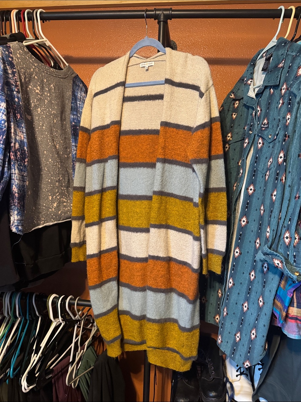 Woven Heart Long Striped Cardigan in Cream, Rust, Mustard, Light Blue